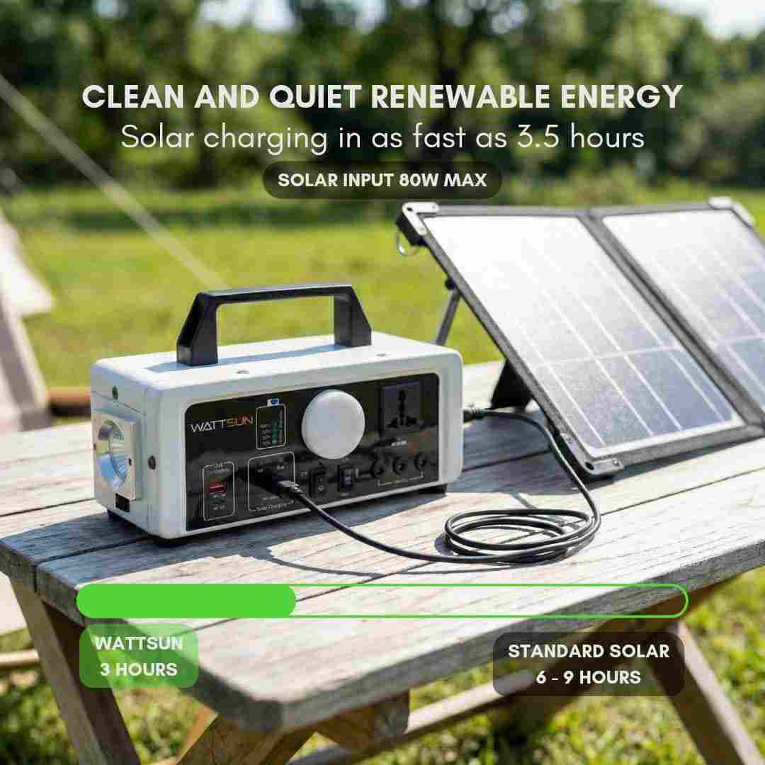 Wattsun 450W Portable Power Station | 296Wh Lithium Battery | 6 Output Ports | IP32 Rated | 15W LED Light